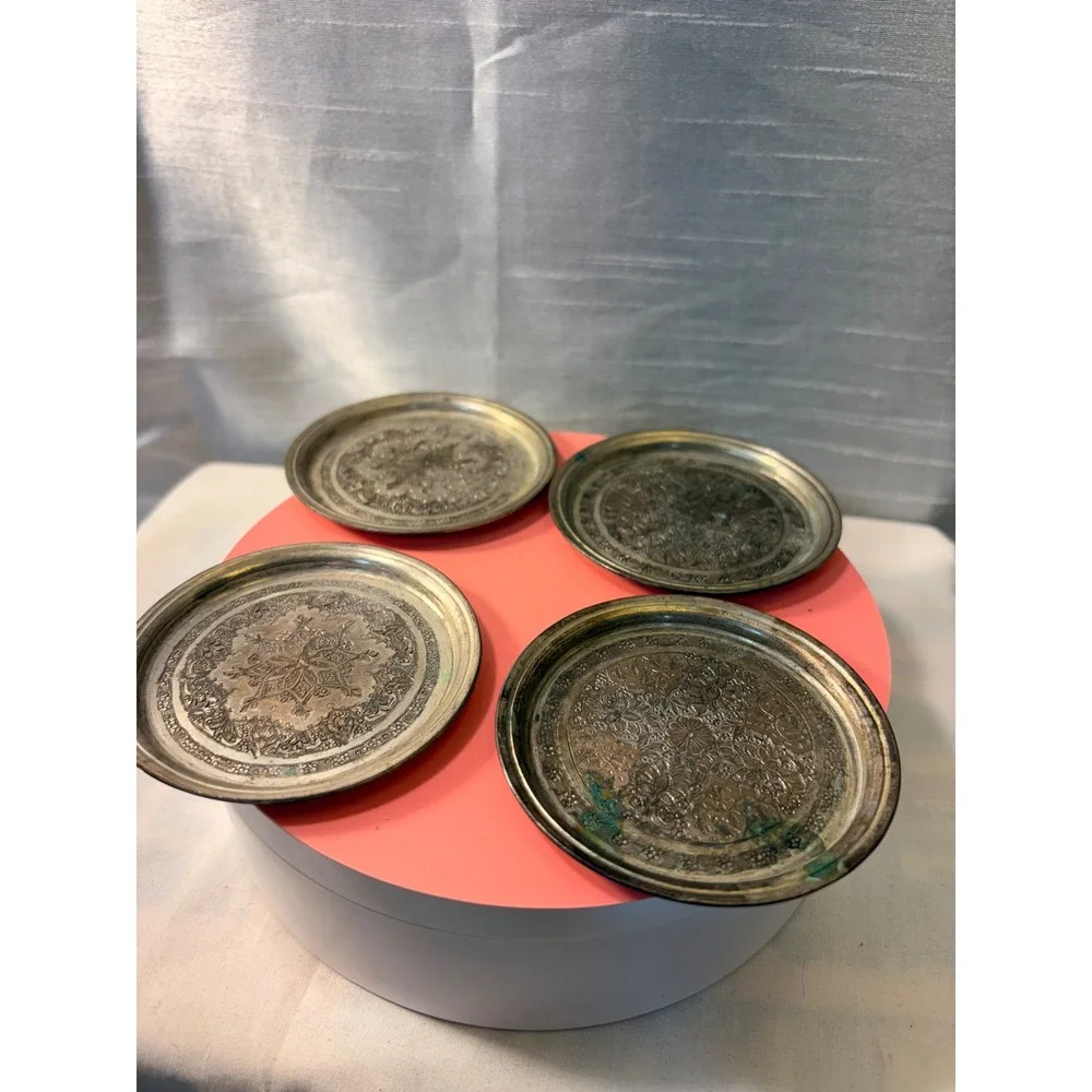 Vintage Etched Metal Coasters Trinket Dishes Set of 4 Floral Mandala Patina